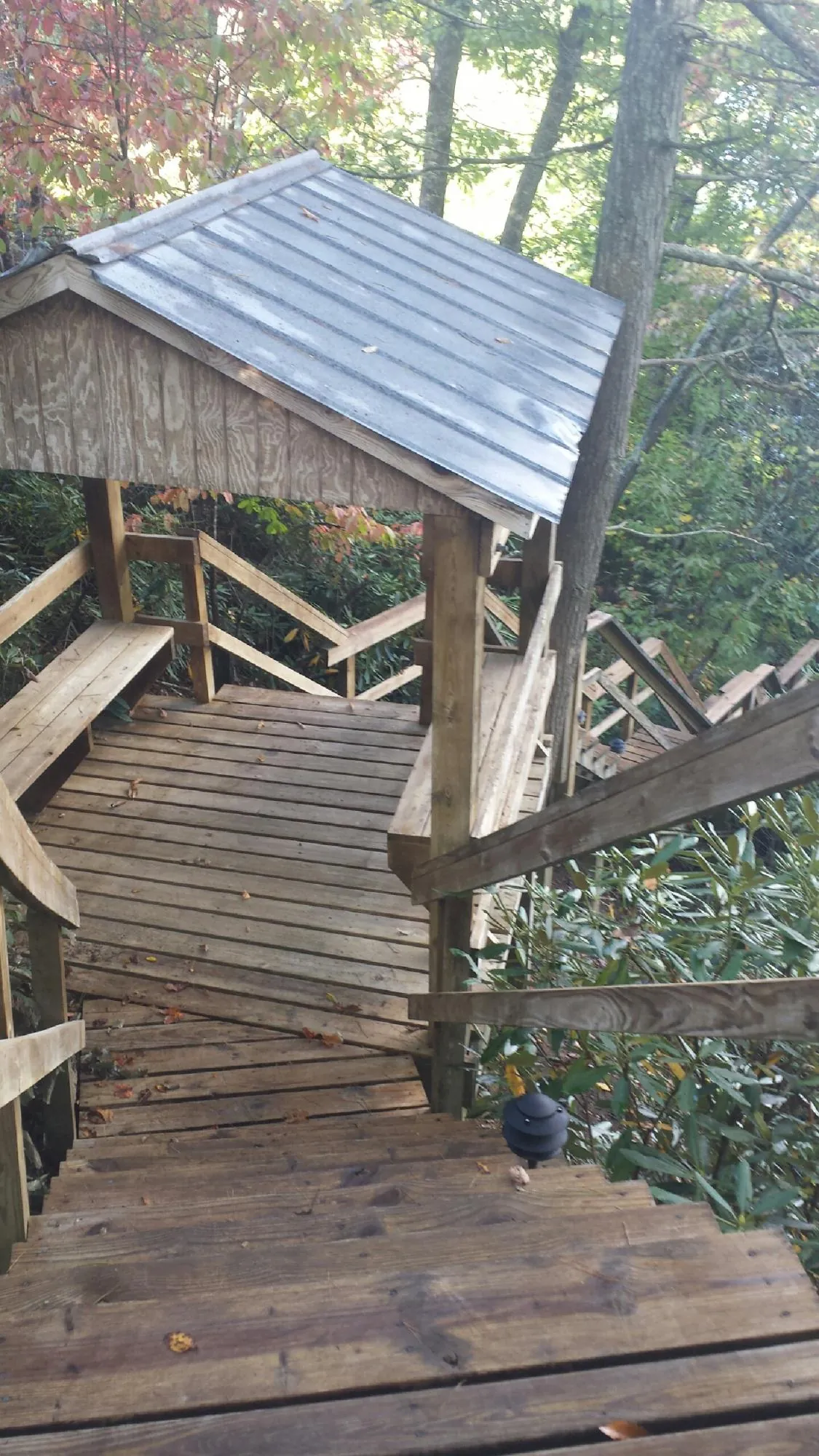 Metal roofed shelter over wooden steps on a wooded walkway — Skylight Repair & Installation work by our crew in Lily